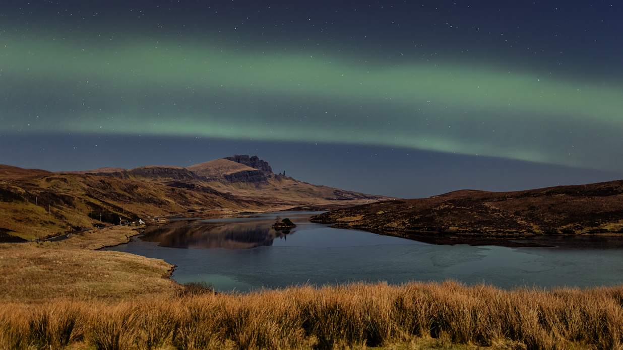 Northern Lights over Loch Fada and the Old Man of Storr, On the Isle of Skye, Scotland